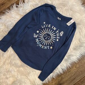 SO Girls Long Sleeve Tee M 8 Blue Sun Butterfly Live In The Moment NWT